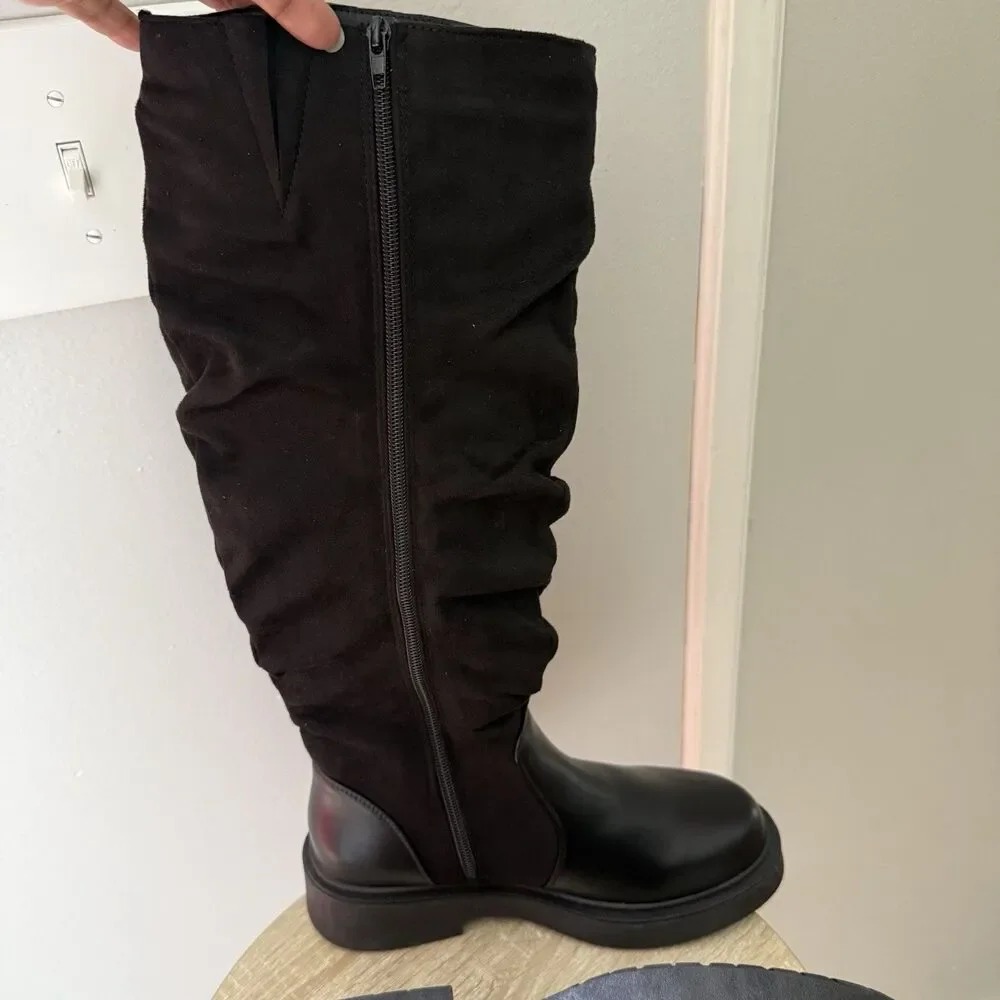 Women's Fashion Thick Heel Riding Boots Black Side Zipper Durable Elegant 7.5